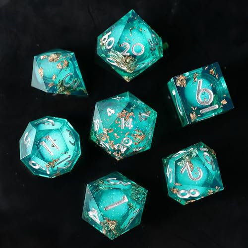 Liquid Core DND Würfel Set 7pcs, Treibsand Polyeder Kunstharz Würfel mit Scharfen Kanten für Dungeons und Dragons, RPG D20 D12 D10 D8 D6 D4 Würfel, Goldfolie Thematisch D&D Rollenspiel Würfel