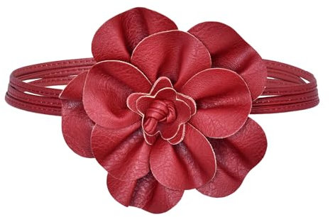 TeeYee Damen PU Leder Blumen Gürtel Boho Wickelgürtel Flechtgürtel Taillengürtel Schmaler Gürtel für Kleid Rot