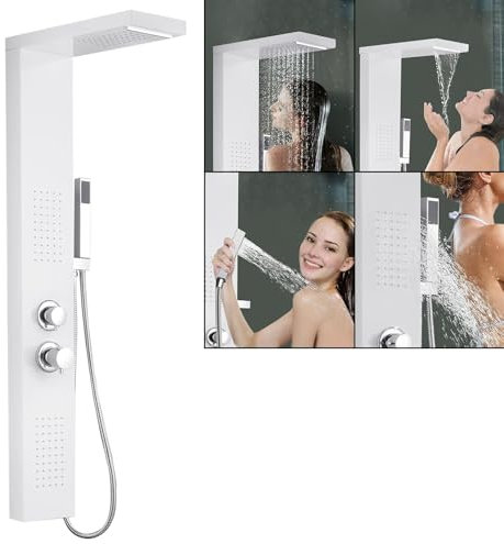 LZQ Duschpaneel Regendusche Duschsystem Höhenverstellbar 4 in 1 Duschstange 304 Edelstahl Handbrause mit Thermostat Duschpaneelsystem Weiß