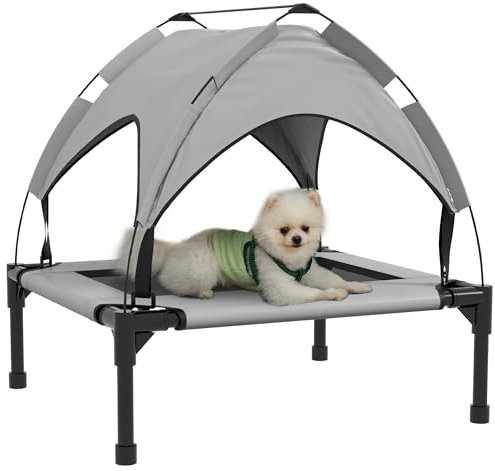 PawHut Erhöhtes Hundebett mit Baldachin, Haustierbett, Outdoor Hundeliege mit Dach, Atmungsaktiv, für kleine und mittelgroße Hunde Hellgrau Oxford 76 x 61 x 69,5 cm