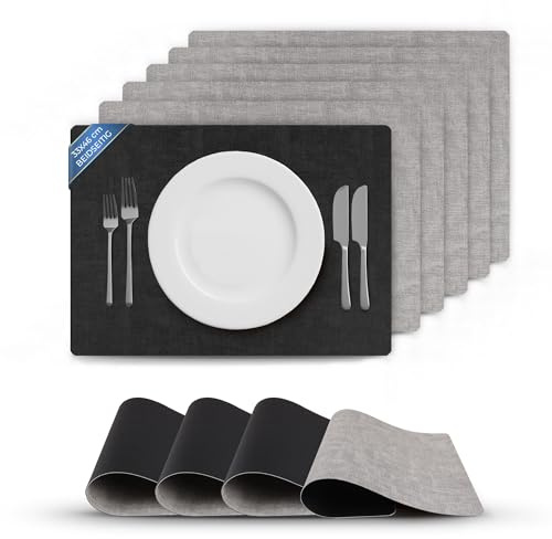 Bestlivings Tischset Struktur (6er Set) abwischbares Lederimitat Platzdeckchen 46x33cm - Doppelseitiges (Schwarz/Hellgrau) Kunstleder Platzset