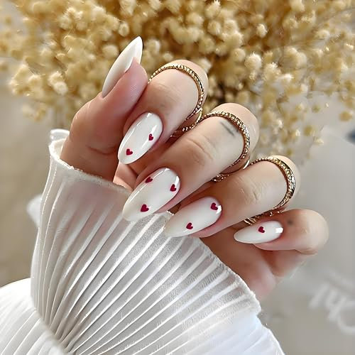 24pcs Press On Nails Almond Shape French Tip White Red Heart False Nails Medium Length Instant Manicure Fake Nail Tips for Women Girls