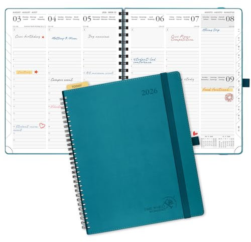 POPRUN Kalender 2026 Wochenplaner 26,5 x 21,5 cm, 12-Monate-Terminplaner Ringbuch (Jan.2026-Dez.2026), Buchkalender 1 Woche 2 Seite mit Softcover - Pazifikgrün