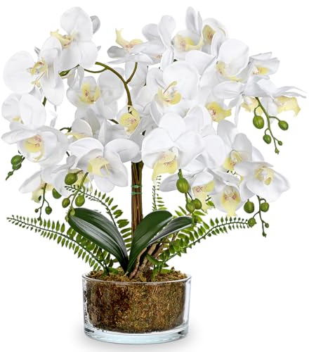 Oairse Kunstpflanze Orchideen Kunstorchideenpflanze im Topf, künstliche Blumenarrangements mit Glasvasen Tischdeko Fensterbank Deko für Küchen- und Esszimmertische, Badezimmer, Nachttisch, Regal