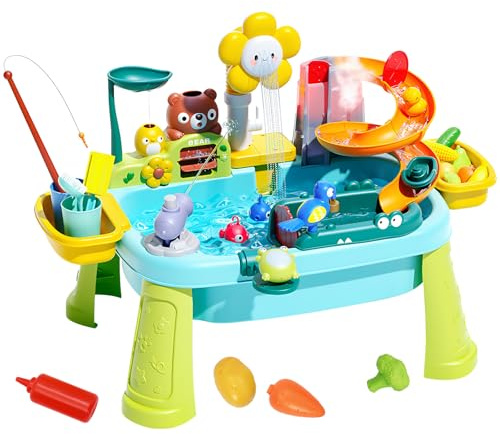 Wasserspielzeug Multifunktionaler Wasserpark für Kinder Angelteich Angelrute Elektrischer Wasserkreislauf Geschirrspüler,Kinderwaschbecken mit Wasserhahn,Spielküche ab 1 Jahr Blau