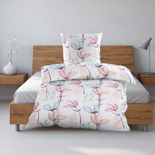 Casa Colori Traumhafte Seersucker Bettwäsche Bunte Blumen | 135x200 & 80x80 | 100% Polyester Weiß