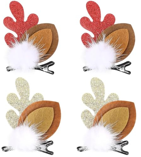 2 Paires Pince à Cheveux Noël, Pinces à Cheveux Renne, Barrette Cheveux Noël, Barrette Renne Pince Cheveux Noëls, Accessoire Cheveux Noëls, Barrettes à Cheveux Mignonnes pour Filles et Femmes (A)