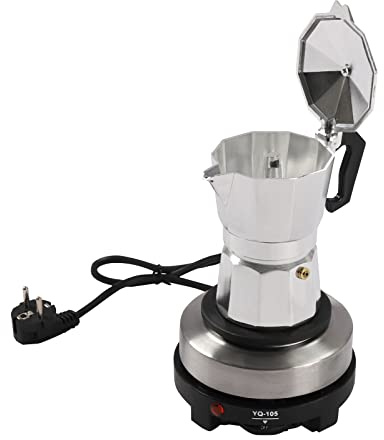 Bdneygtyr Caffettiera elettrica da 500 W, caffettiera italiana con regolazione della temperatura, 150 ml, in alluminio, per fornelli e campeggio, colore: argento/nero