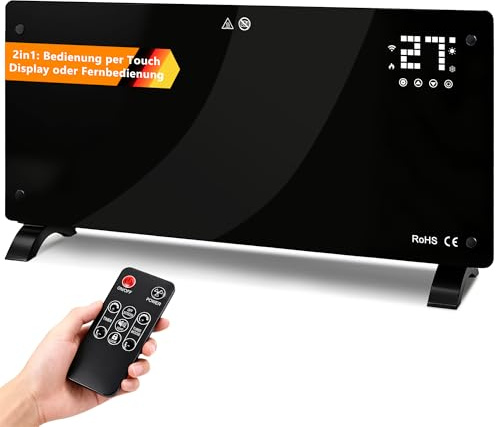 Citybee Elektroheizung Konvektor Heizung Elektrisch - Glasheizung mit Thermostat Energiesparend Leise Glaskonvektor Standgerät - Elektroheizkörper mit Fernbedienung & Touch-Display Timer 2000W bis 30㎡