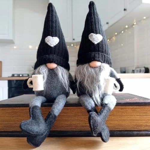 CNANRNANC Set mit 2 handgefertigten Kaffee-Zwergen Weihnachtsschmuck-Set – Stoff-Plüsch-Dekofiguren für Küche, Büro, Regale und festliche Heimdekoration (schwarz)
