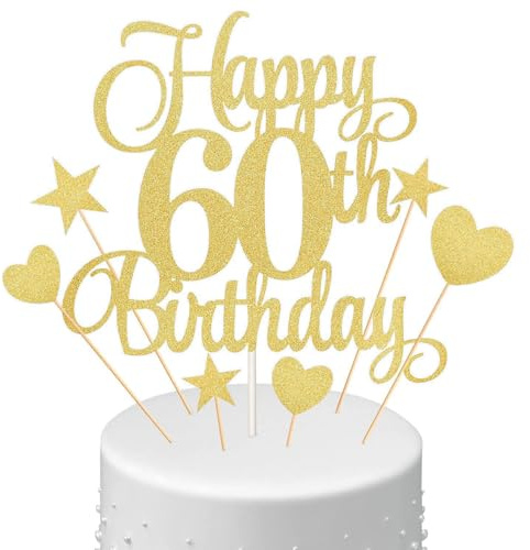 Pack of 7 Happy 60th Birthday Cake Topper with Heart Star Cupcake Picks, Gold Glitter Cake Toppers Birthday Personalised Decoration Sign