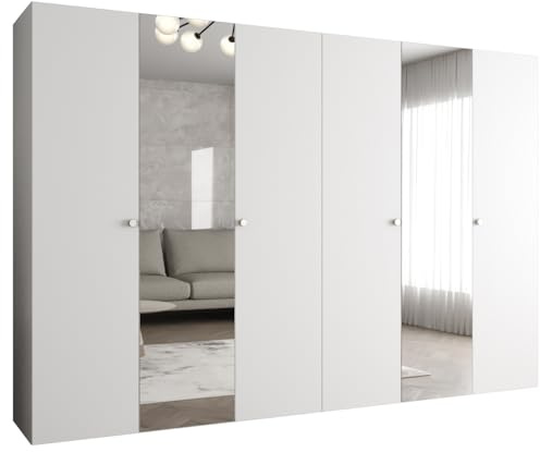 MEBLE KRYSPOL - Kleiderschrank - Garderobenschrank - 300 cm x 202 x 52 cm - Schrank mit Kleiderstange und Spiegel, 6 Türen - für Schlafzimmer, Flur - Parma, Weiß, Griff Silber