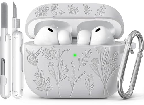 Joremx Silikon Niedliches Grasmuster Hülle (Perlweiß-für AirPods Pro 3) | Case mit entzückendem lasergraviertem Pflanzenmuster, Damen & Mädchen Schutzhülle, inkl. Reinigungsset & Schlüsselanhänger