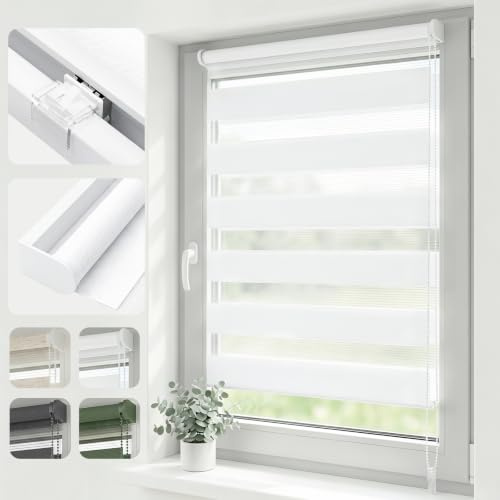 SALCAR Doppelrollo Klemmfix ohne Bohren, Duo Rollo & Zebra Rollo für Fenster, Stufenloser Sicht- und Sonnenschutz, mit Oberschiene & Metallkern-Klemmen,Weiß, B 70 x H 200 cm