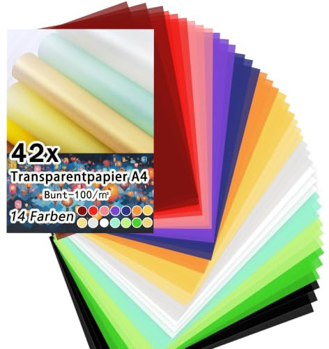 Joycabin 42 Blatt Transparentpapier Bunt,Bastelpapier Durchscheinend A4 | A4 Größe Zum Bedrucken,14 Farben, Zum Tracing Paper und Zum Pergamentpapier für Laternen, Umschläge, DIY Kunst