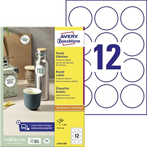 AVERY Zweckform L3416-100 runde Etiketten (zum Bedrucken, selbstklebend, Ø 60 mm, A4, 1.200 Aufkleber auf 100 Blatt, Klebepunkte zum Kennzeichnen von Unterlagen, Produkten) weiß