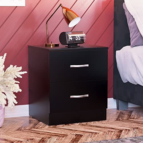 Vida Designs Large Black Bedside Cabinet, 2 Drawer, Bedside Table, Metal Handles and Runners, Riano Bedroom Furniture