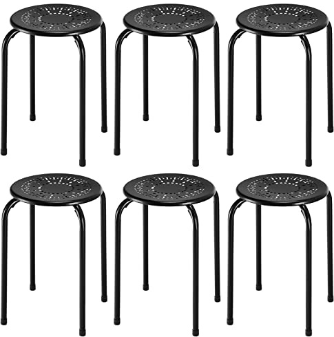 COSTWAY 6-Pack Steel Stack Stools, 17.5-Inch Height Portable Stackable Backless School Stools with Daisy Design, Round Classroom Decoration Stools Set of 6 for Kids Children Students, Black