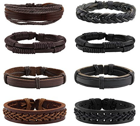 MILAKOO 8 Stück geflochtenes Lederarmband für Männer Frauen Holzperlen Armbänder Wickeln einstellbar