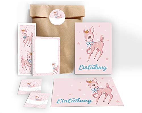 JuNa-Experten 12 Einladungskarten zum Kindergeburtstag Mädchen Bambi incl. 12 Umschläge, 12 Tüten/natur, 12 Aufkleber, 12 Lesezeichen, 12 Blöcke