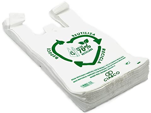 Taschen aus 70% recyceltem Kunststoff · Größe XXL 50 x 60 cm | 50 Stück | lebensmittelecht, robust, wiederverwendbar und 70% recycelt | Gauge 200 | T-Shirt Tasche | entspricht allen Vorschriften