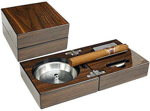 OYHBO Zigarren-Aschenbecher-Set aus Holz mit Schneider und Stanzer, hochglänzend, zusammenklappbar, kompakt, Geschenk