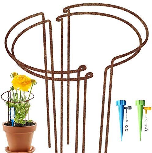 Large 60cm Tall Rusty Bow Plant Support Stakes, Half Round Natural Rust Flower Support Ring Cage Frame with 2 Self Watering Spikes, Metal Interlinking Garden Border for Peonies, Hydrangea(4,60x30cm)