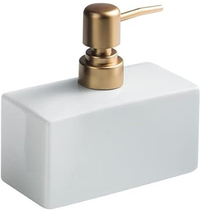 Modern Soap Dispenser with Matte Golden Pump for Bathroom, 13.5 oz Ceramic Rectangle Lotion Dispenser, Refillable Dish Soap Dispenser (White)