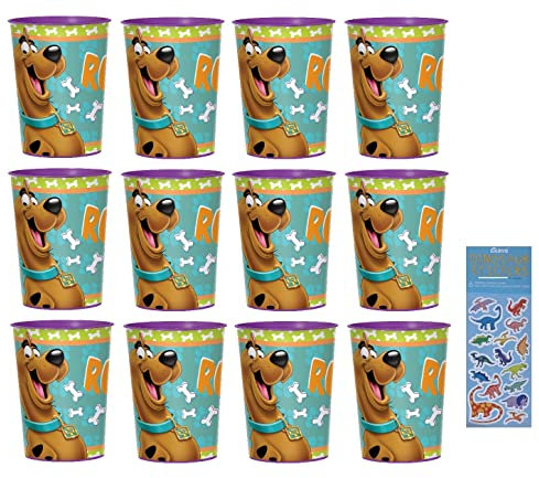 Amscan Scooby Doo Zoinks Geburtstagsparty-Zubehör-Set enthält 12 wiederverwendbare Kunststoffbecher, 473 ml und 1 Dinosaurier-Aufkleberbogen