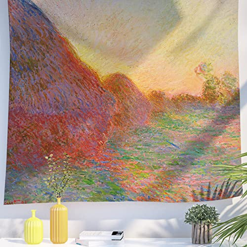 Berkin Arts Decor Wandteppich zum Aufhängen, Hintergrund aus hochwertigem Polyesterstoff Post-Impressionismus Orange Tolles Gemälde 130 x 150 CM (Claude Monet-Getreidestapel)