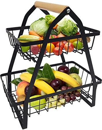 YRHome 2 Etagen Obstschale Obst Etagere aus Metall Schwarz Obstkorb Etagere Obst Brotkorb Obst Schüssel Gemüse mit Holzgriff Gemüsegestell Abnehmbar Obst Halter Küche Lager für Obst Gemüse Snacks