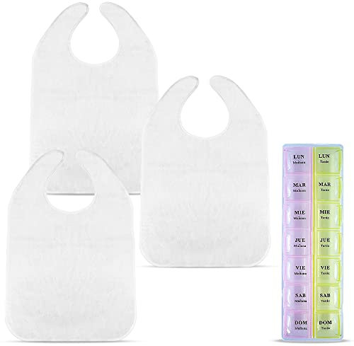 Wasserdichtes Lätzchen für Erwachsene und Senioren, 3er-Pack wasserdichte große Lätzchen für ältere Menschen und wöchentliche Pillendose, Lätzchen aus Frottee und Kunststoff, wasserdicht, weiß, XL