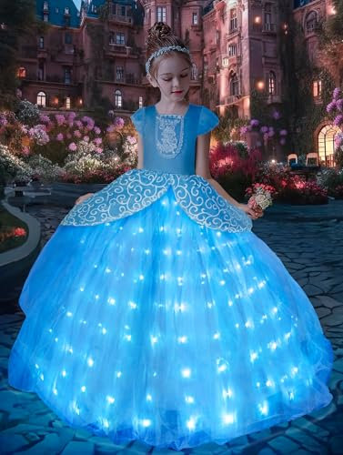 UPORPOR Magical Luminoso Vestito Bambina Principessa Carnevale Costume Vestiti Fata Ragazze Halloween Bambini Vestito Natale Feste Travestimenti, Blu 130