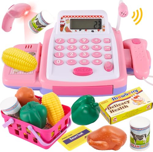 HYAKIDS Kinder Kasse Spielzeug mit Rechnerfunktion Scanner Spielzeuglebensmittel Einkaufskorb, Kasse Kinder Rollenspiele, Supermarkt Spielzeug Geschenk für Mädchen Jungen ab 3 Jahren
