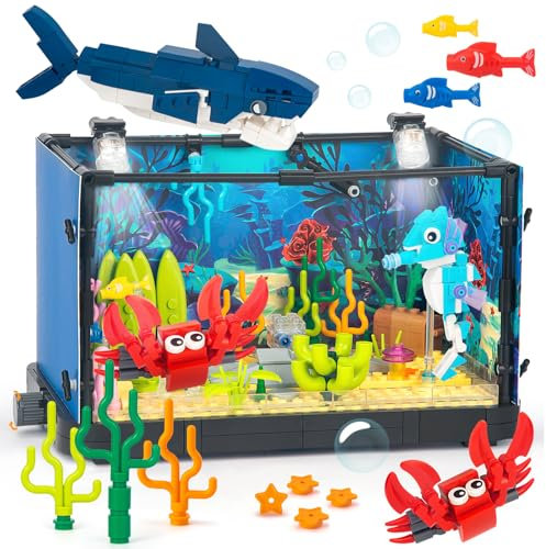 HIGH Godo Aquarium Baustein Set, 648 Teil Fischen Tank Klemmbausteine Bausatz mit Beweglichem Hai und LED Licht, Ideen Geschenk Bauspielzeug für Kind