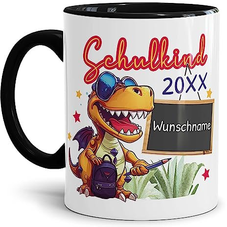 Tassendruck Personalisierbare Tasse zur Einschulung - Schulkind mit Name und Jahr personalisiert - Dino Tasse, personalisierte Geschenke zur Einschulung | 300ml, Innen & Henkel Schwarz