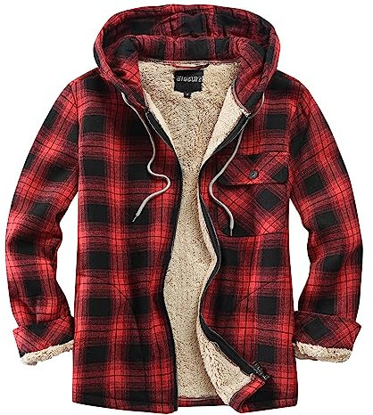 Elesuit Herren-Fleece-Flanell-Jacken mit durchgehendem Reißverschluss, kariert, Baumwolle, Kapuzenpullover, weich, warm, Mantel für Herren mit Kapuze, Rot/Ausflug, einfarbig (Getaway Solids), M