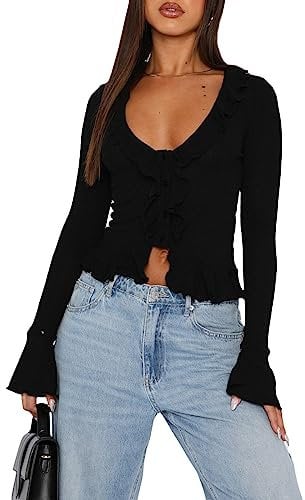 Y2k Button Down Shirt Women Mesh Sheer Ruffle Cardigan Fitted Shirt Crop Tops Cardigan Long Sleeve Sexy Blouse Aesthetic Streetwear (Black, M)