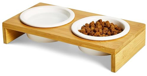 PETLINUS Gamelle Chat Surélevée Double - Gamelle Chat Céramique avec Support en Bois - Gamelle Chiot, Gamelle Chien Petit ou Bol Chat, Mangeoirs et Abreuvoirs - Bambou