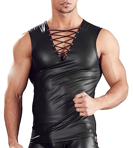 Gefomuofe Herren Lack-Optik Weste Leder Tank Top Geschnürt Leder ärmelloses Shirt Runder Hals Herren Kunstleder Weste Unterhemden Rave Tanz Metall Rocker Westen T-Shirt Muskelshirt Männer Shirt