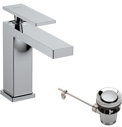 hansgrohe Tecturis E - Waschtischarmatur mit Zugstangen-Ablauf, Wasserhahn Bad mit Auslauf Höhe 117 mm, Mischbatterie Waschbecken wassersparend (EcoSmart+), Chrom, 73010000