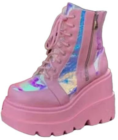 ticticlily Damen Winter Gothic Punk Plateau Stiefel Goth Schnalle Zipper Wedges Dicke Sohle Mid Schuhe Plattform Biker Boots Chunky Motorrad Stiefel A Rosa 39 EU