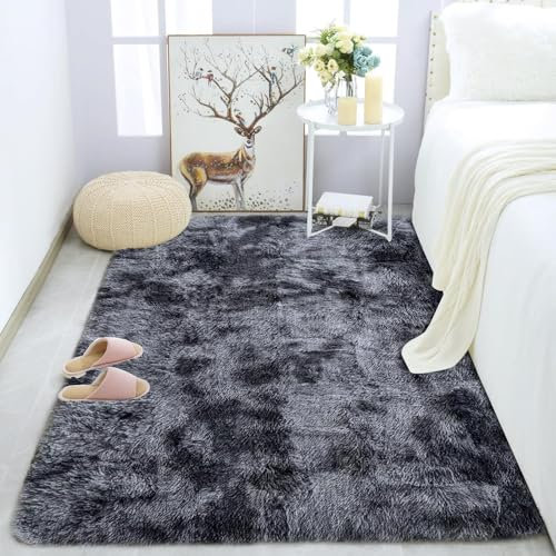 Tinyboy-hbq Teppiche Flausching Wohnzimmer Teppiche Shaggy Teppich Schlafzimmer Waschbarer Weiche Teppich Bequeme für Wohnkultur (Grau Schwarz, 80 x 120 cm)