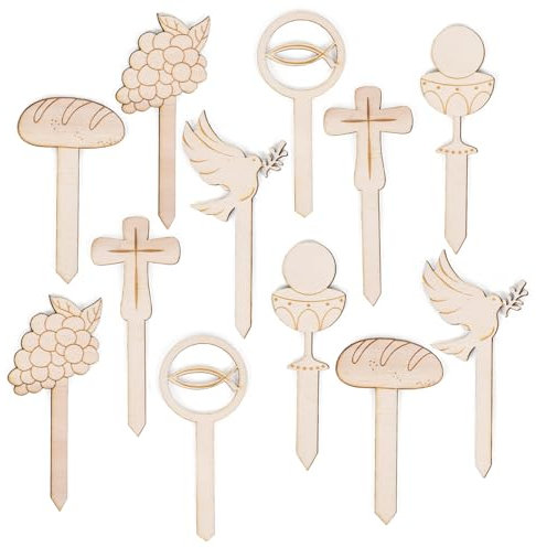Logbuch-Verlag 12 piccoli centrotavola per comunione, muffin in legno, per battesimo, decorazione torta, simboli cristiani, 10 cm