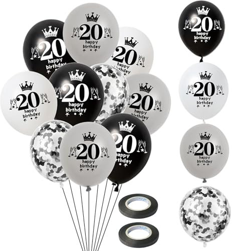 Luftballon 20. Geburtstag Mann Frauen Deko 14 Stück Schwarz Silber weiß Ballons 20. Geburtstag Dekoration 20 Latex Ballon Geburtstagsdeko 20 jahre Frauen Männer Party deko