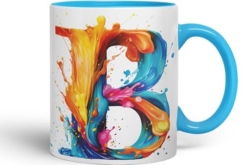 Vixar Letter B Mug, Alphabet Letter B Monogram Watercolour Ceramic Coloured Mug Cup for Tea Coffee Hot Brew 330ml 11Oz Gift (L Blue)