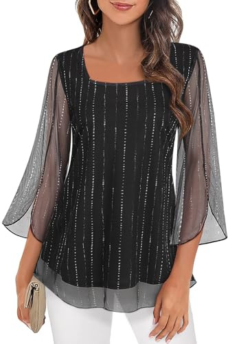 Syphiby Womens Blouses & Shirts, 3/4 Sleeve Tops Dressy Casual Double Layered Square Neck Mesh Chiffon Tunic Shirts Evening Dressy Tops for Women UK