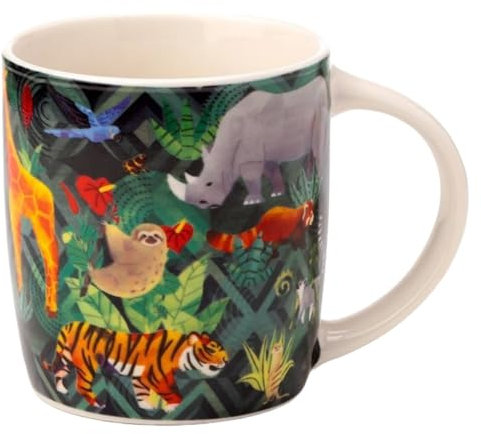 Animal Kingdom Rainforest Porcelain Mug Cup 330ml – Featuring Rhino, Tiger, Zebra, Lion, and Giraffe – Perfect for Hot Drinks, Tea, Coffee, and Hot Chocolate - 1 Mug