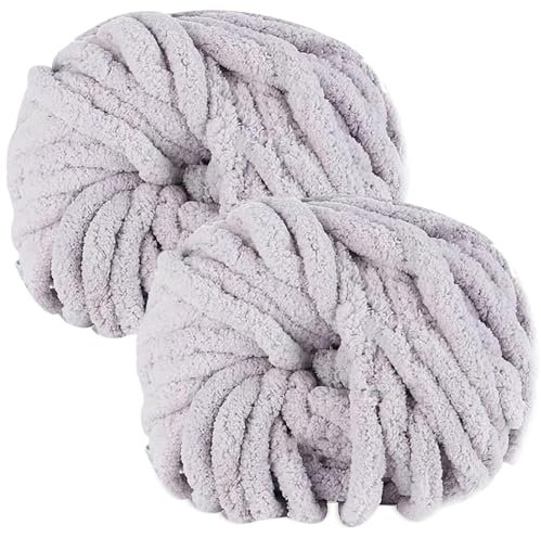 bechoanigel 2 Stück Dicke Wolle Garn 500g, Armstricken Wolle Dickes Garn, XXL Weiches Chunky Wolle, Super Weich Chenille Wolle zum Häkeln für Decken, Schals, Mützen, Haustier Nest (Hellgrau)