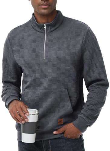 Tyhengta Herren 1/4 Zip Pullover Winter Stehkragenpullover Langarm Sweatshirt Waffel Strickpullover Pullover mit Tasche